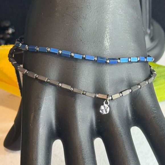 Express Set of 2 Stretch Beaded Bracelet in Blue Brown and Silver Tone - Picture 3 of 7